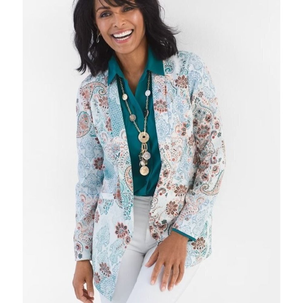 Chico's Paisley Floral Twill Blazer Duster Kimono Jacket Plus Size 16/18 Womens
